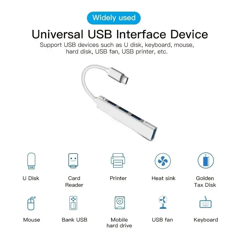 High-Speed 4Port USB 3.0 Hub Type C Splitter 5Gbps