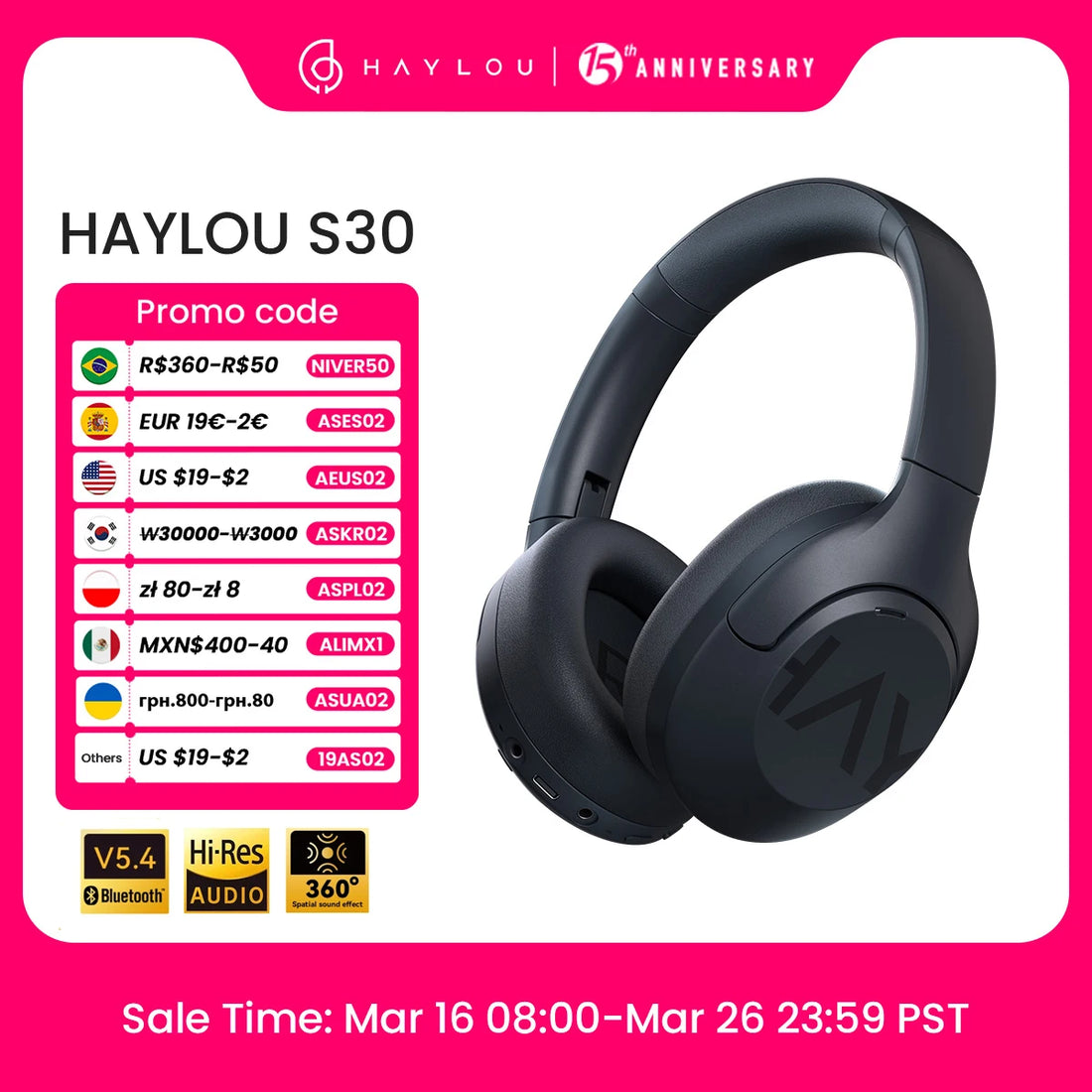 HAYLOU S30 Wireless Bluetooth 5.4 Headphones 80H Playtime
