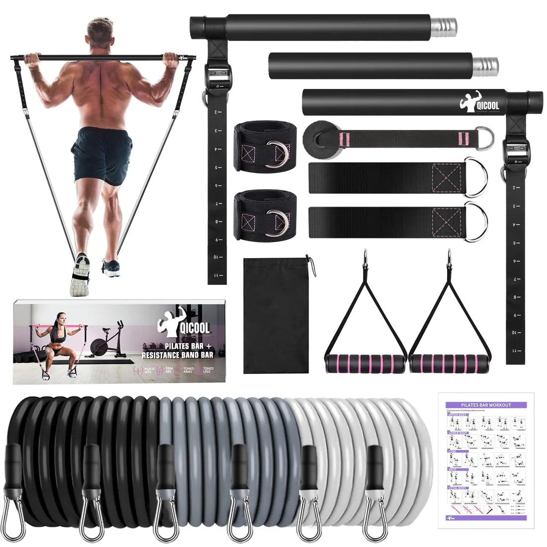 Pilates Bar Kit with Resistance Bands for Home Workouts