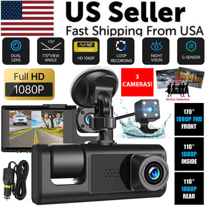 Car Dual Lens Dash Cam HD 1080P Front Rear Inside G-Sensor