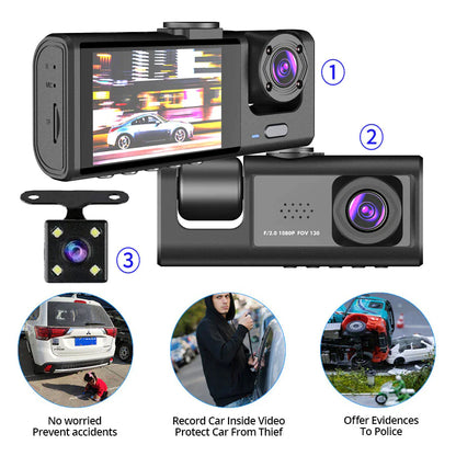 Car Dual Lens Dash Cam HD 1080P Front Rear Inside G-Sensor