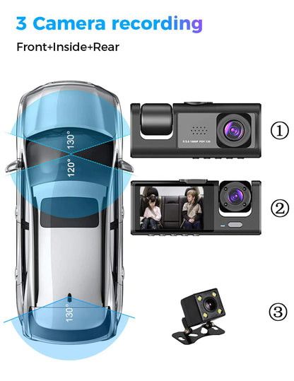 Car Dual Lens Dash Cam HD 1080P Front Rear Inside G-Sensor